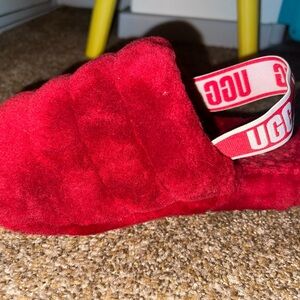 UGG Red Plush Slides with Logo Strap